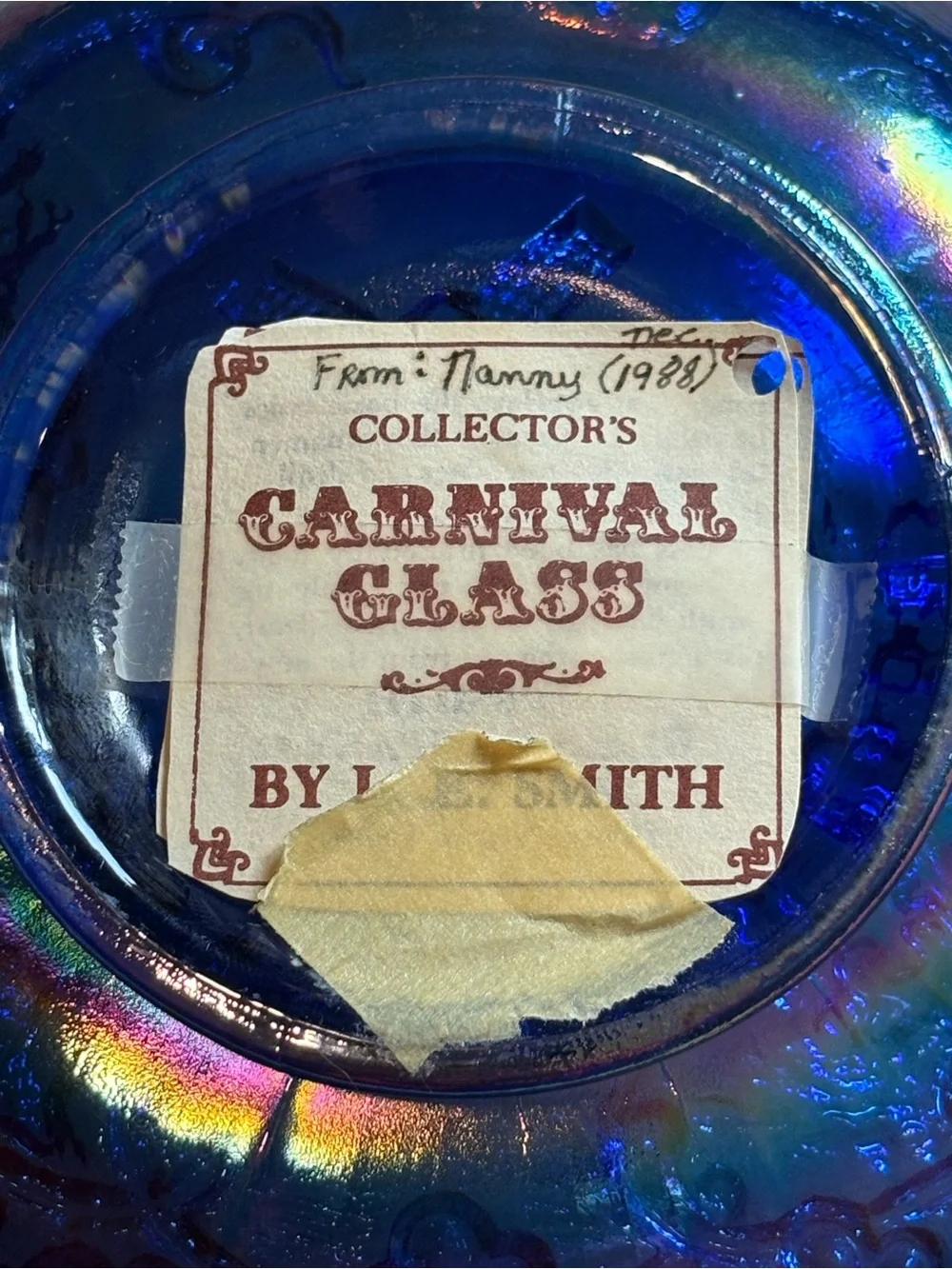 Vintage L.E Smith Carnival Glass Windmill Iridescent Blue Ruffled Glass Bowl 8”